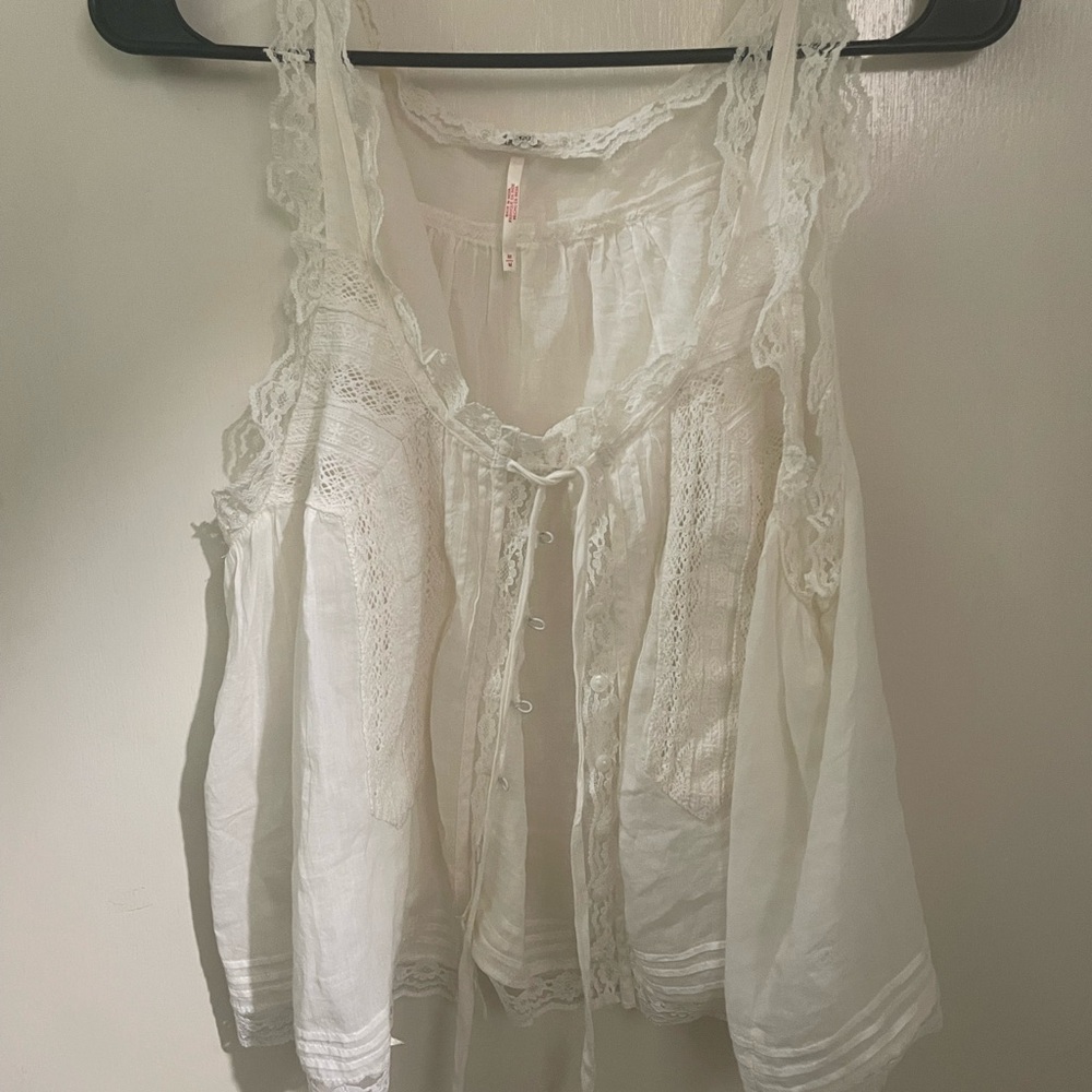 Free People Lace Trim White Top